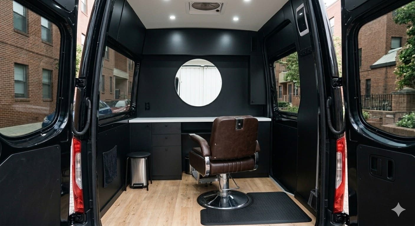 Interior of Doc's fully outfitted mobile barber van with a leather styling chair